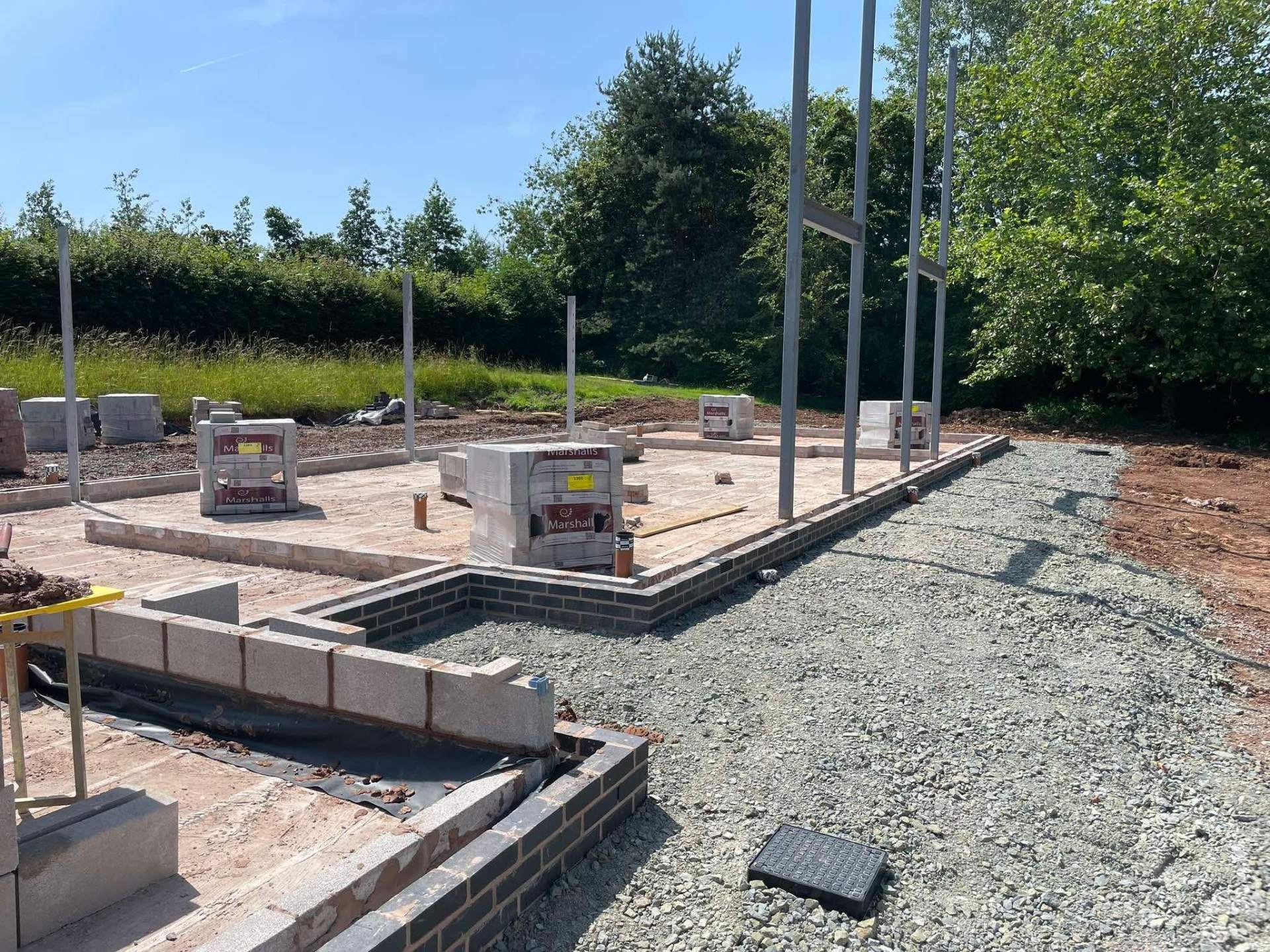 Brick and block foundations with steel columns on a new build plot